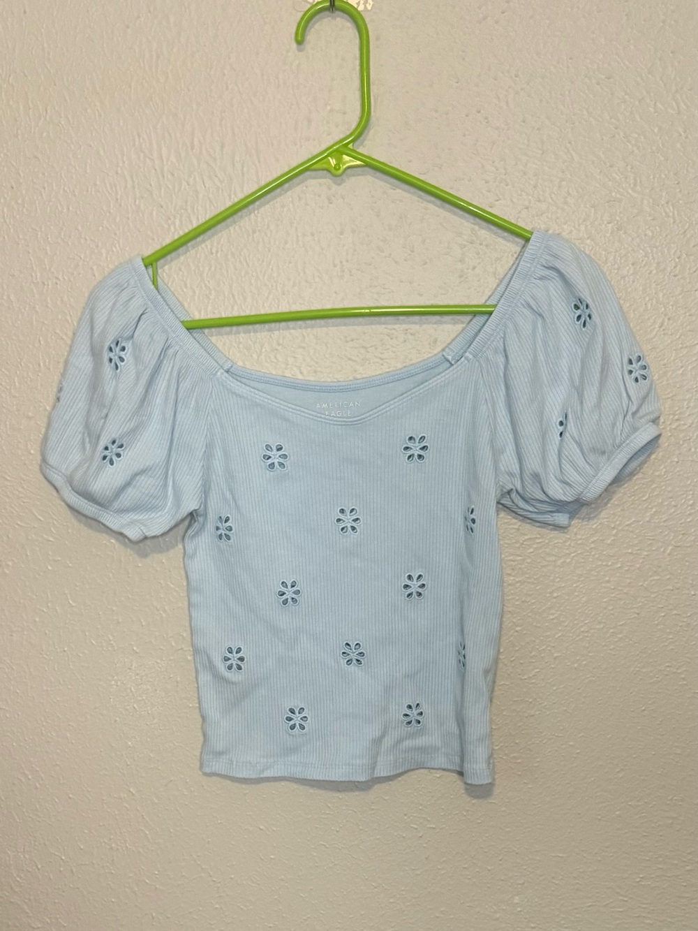 American Eagle Light Blue Puff Sleeve Eyelet Ribbed Top